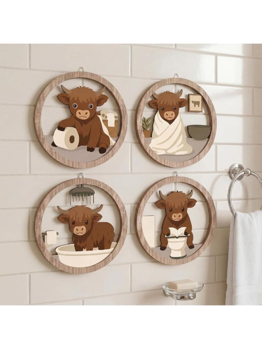 Set of 4 Highland Cow Bathroom Decor - 10" Round Farmhouse Wooden Signs
